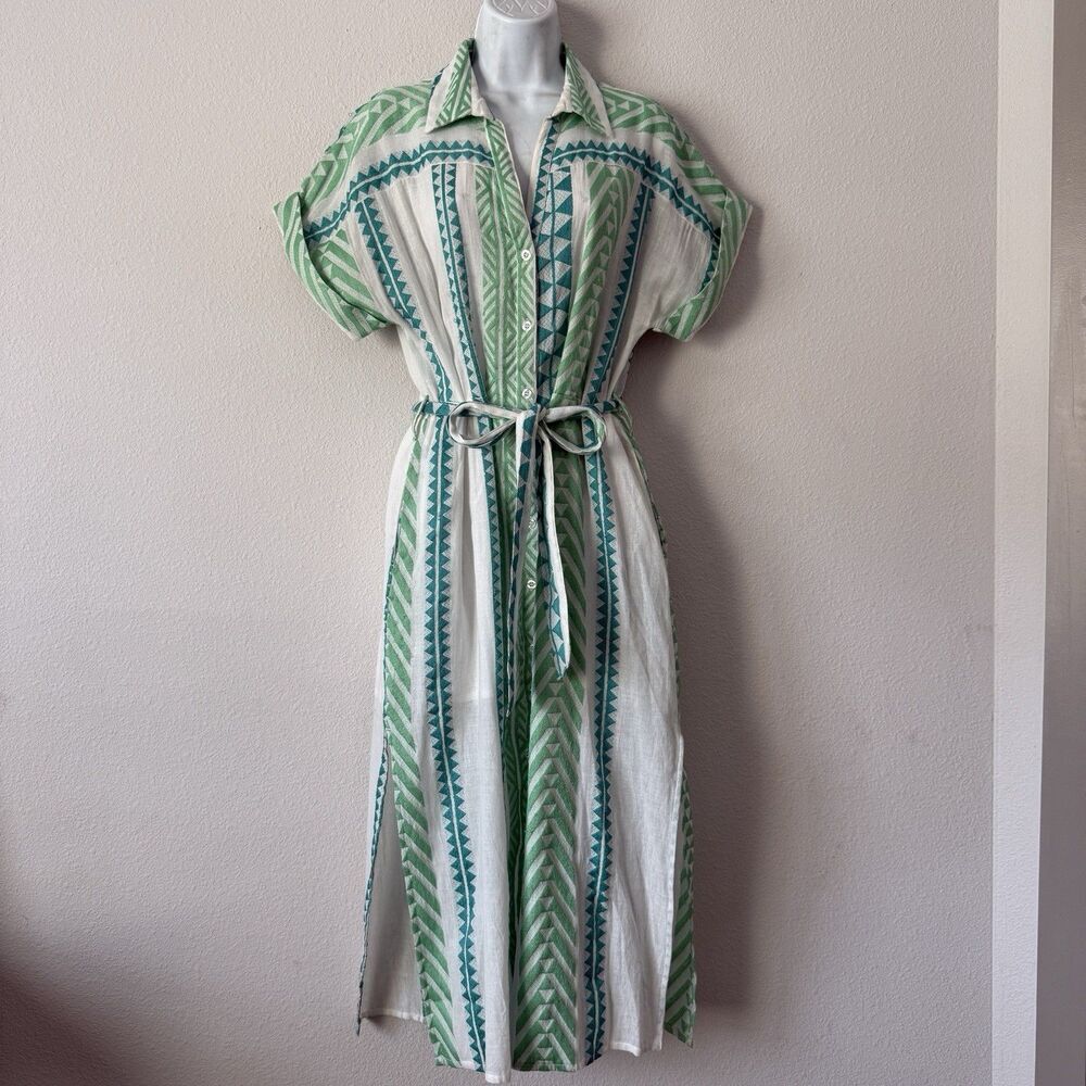 En Creme Sea Striped Button Down Midi Belt Dress Size S Resort Vacation Cruise